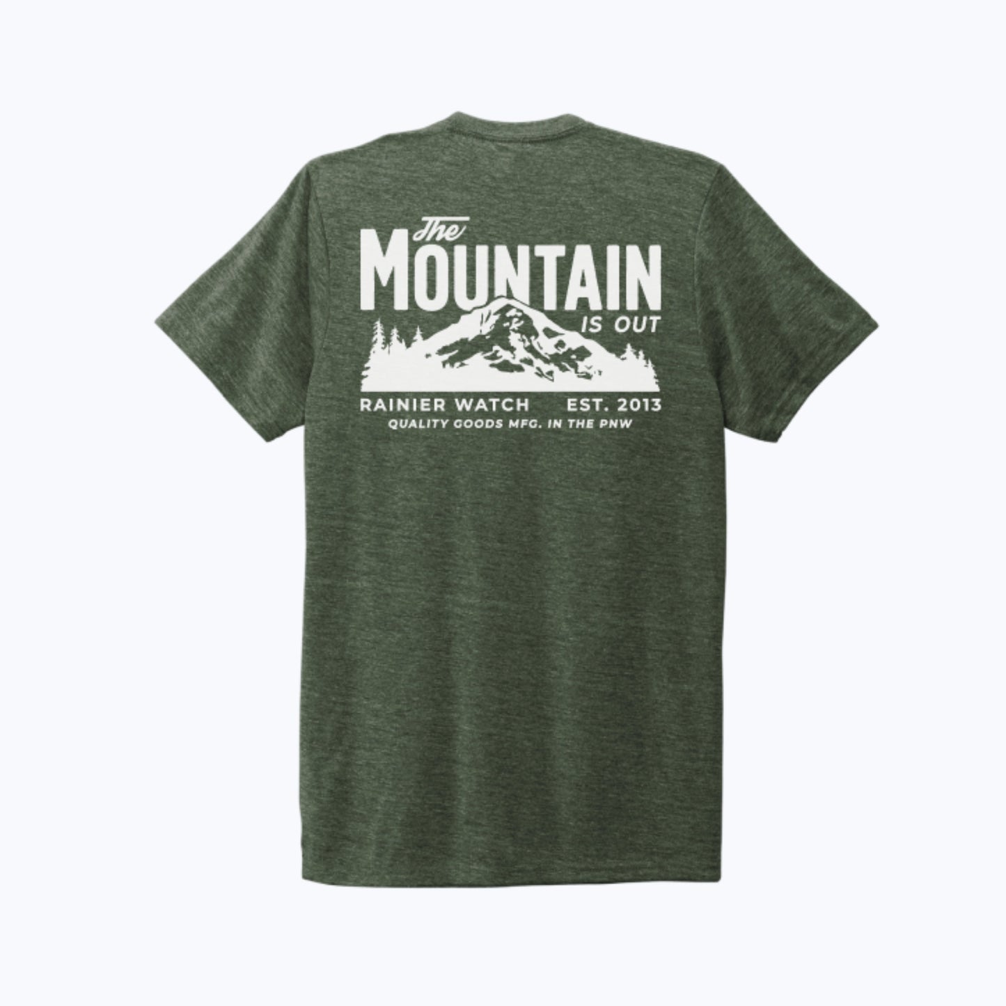 The Mountain Is Out Unisex Eco Tee - Double Sided Print - Heather Forest Green