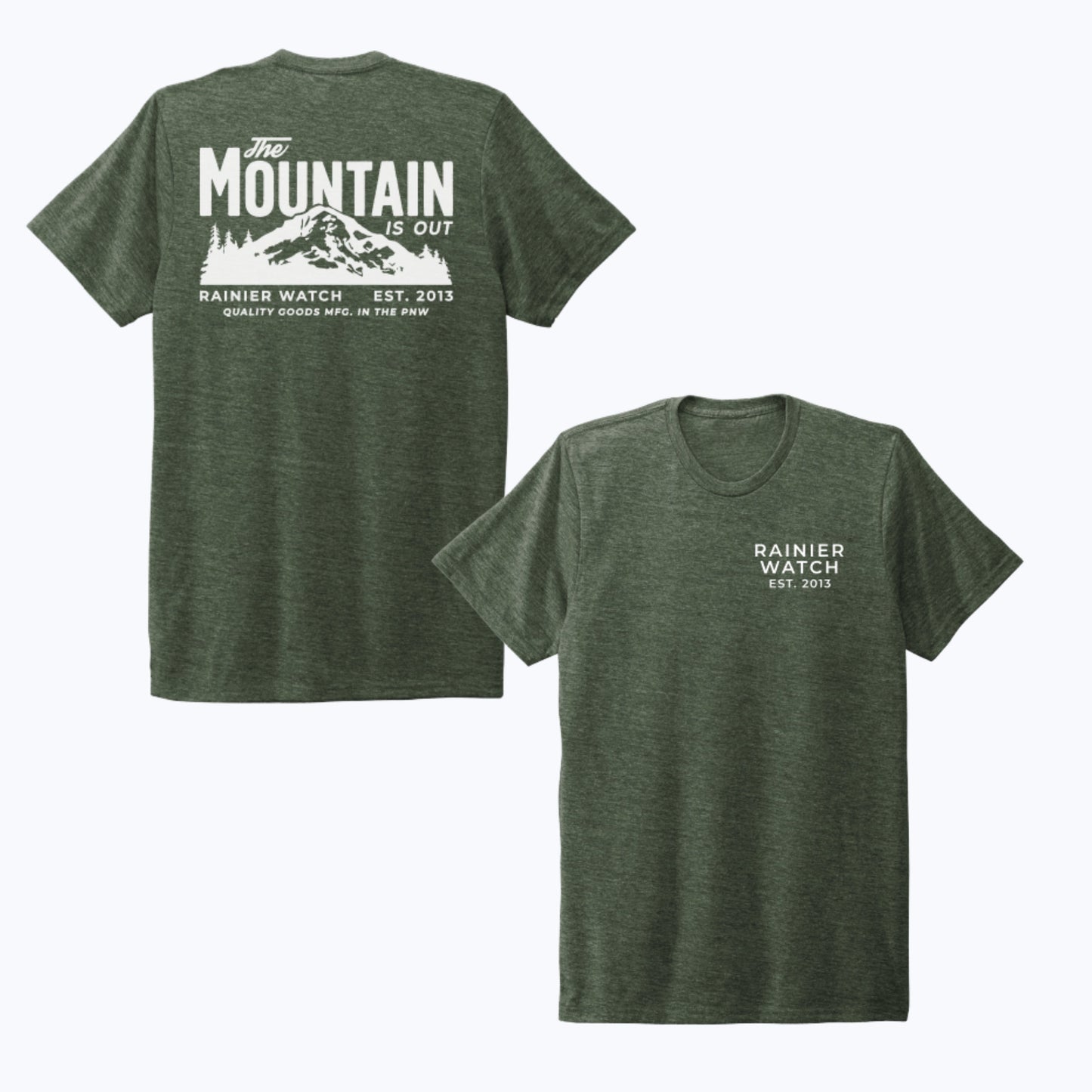 The Mountain Is Out Unisex Eco Tee - Double Sided Print - Heather Forest Green