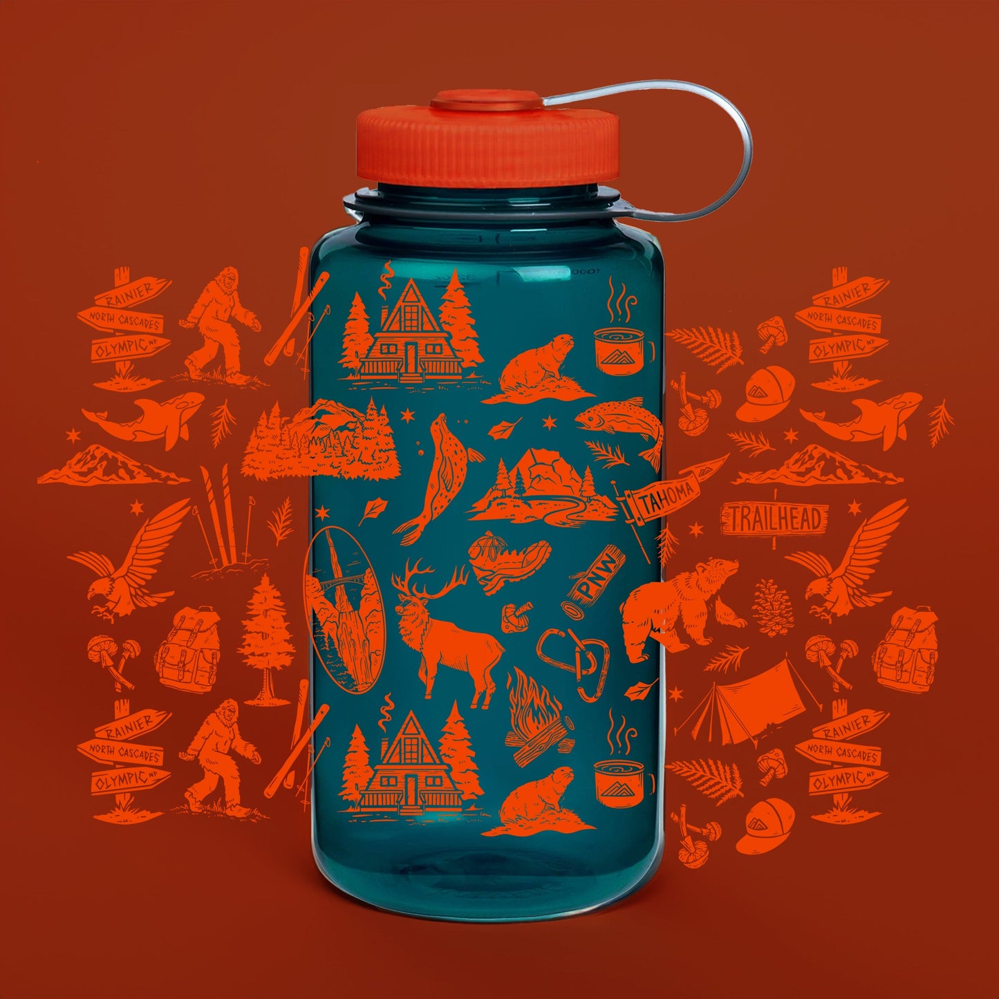 PNW Patterns 32oz Water Bottle - Fire Orange/Ocean Blue