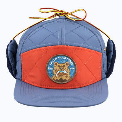 Protect Our Parks Bear 7 Panel Trapper Cap - Navy/Orange
