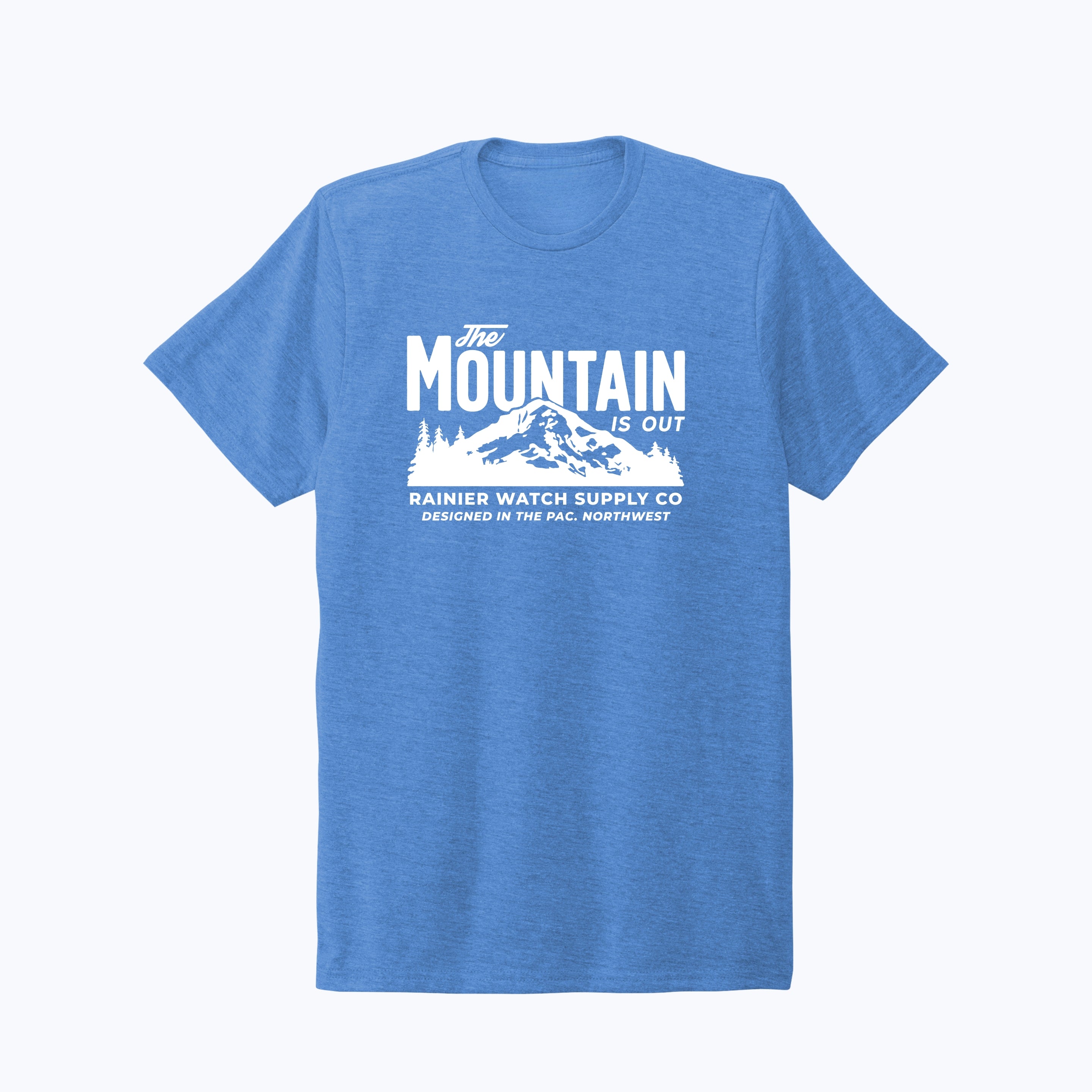The Mountain Is Out Unisex Eco Tee - Front - Azure Blue