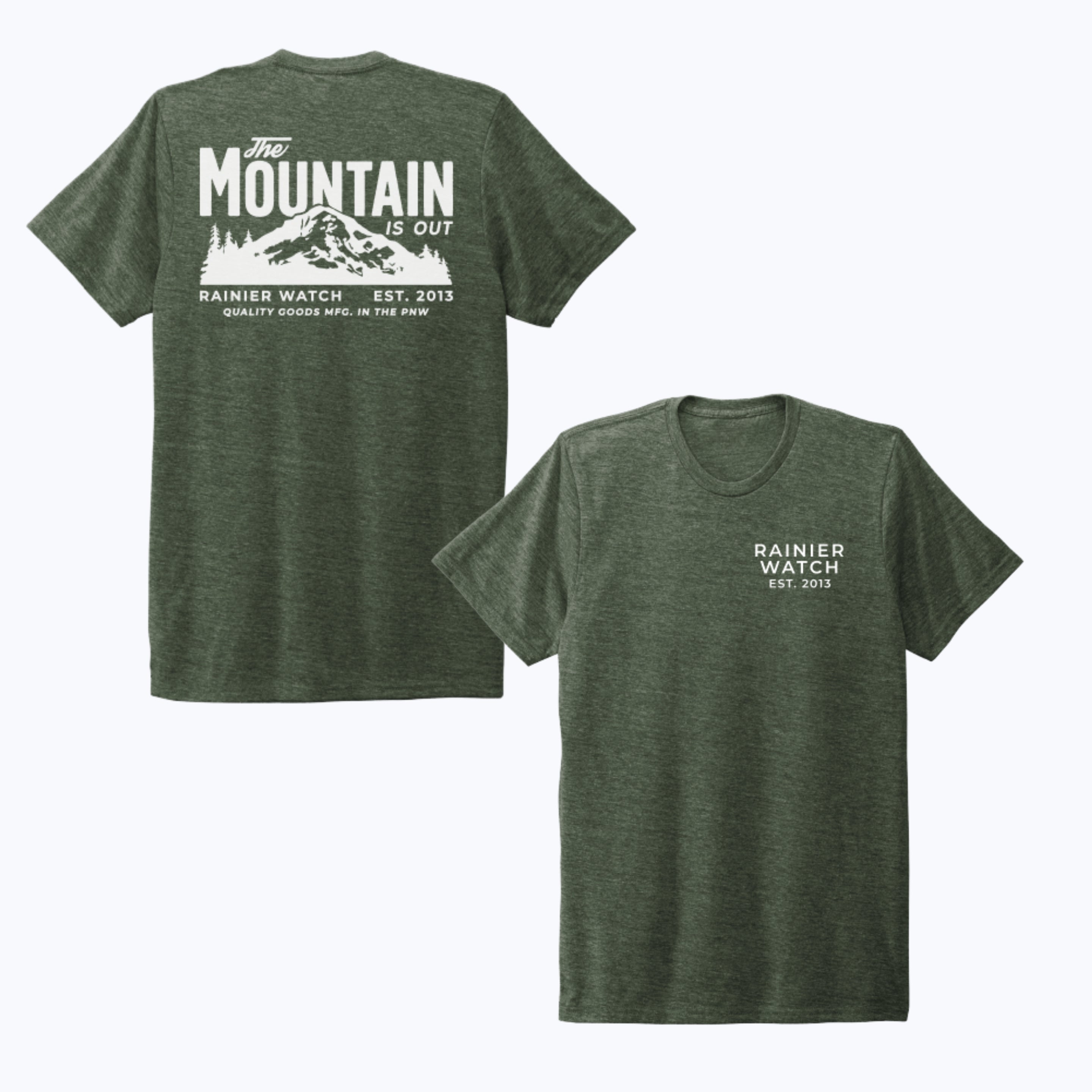 The Mountain Is Out Unisex Eco Tee - Double Sided Print - Heather Forest Green