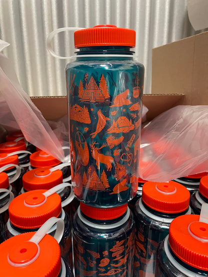 PNW Patterns 32oz Water Bottle - Fire Orange/Ocean Blue