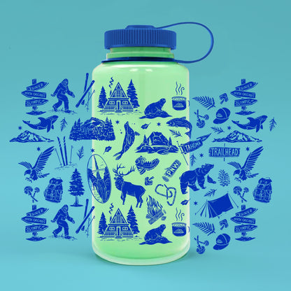 PNW Patterns 32oz Water Bottle - Glow-In-The-Dark Green