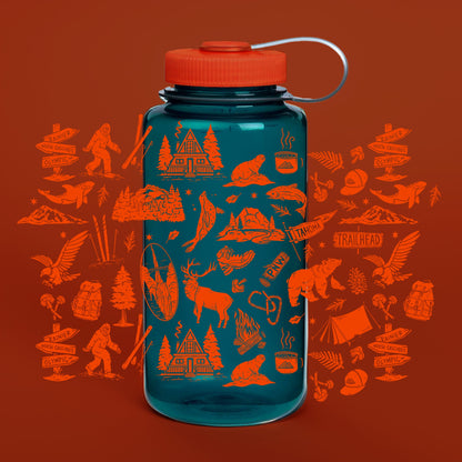 PNW Patterns 32oz Water Bottle - Fire Orange/Ocean Blue