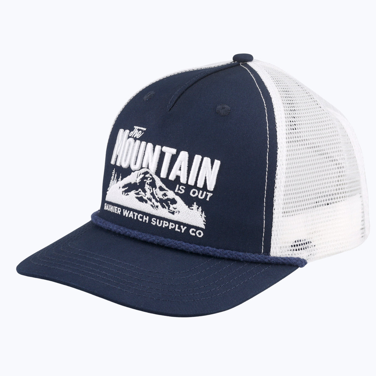 The Mountain Is Out Rope Trucker Snapback Cap - Navy/White – Rainier ...