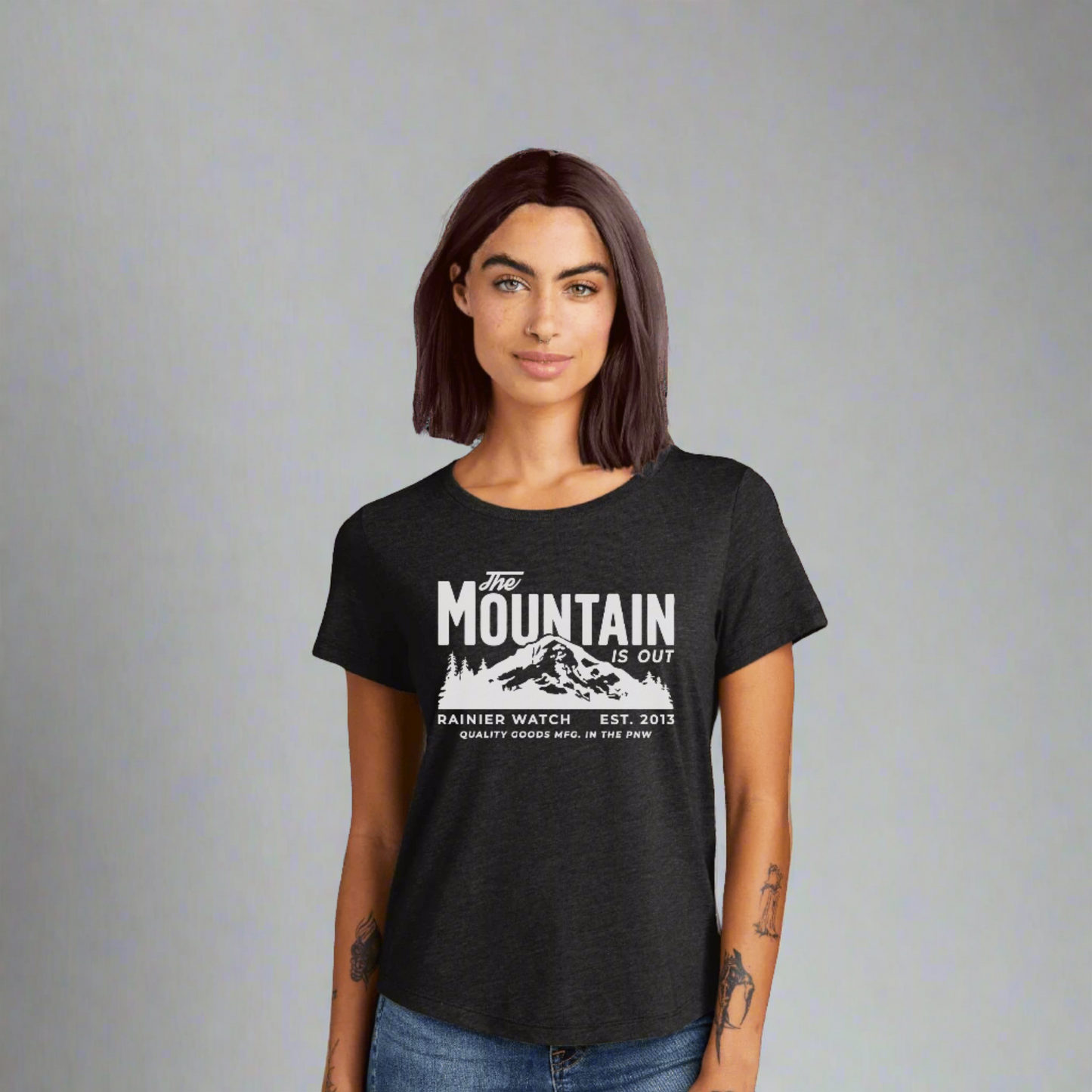 The Mountain Is Out Womens Eco Tee - Heather Black - Relaxed, Scoop Neck