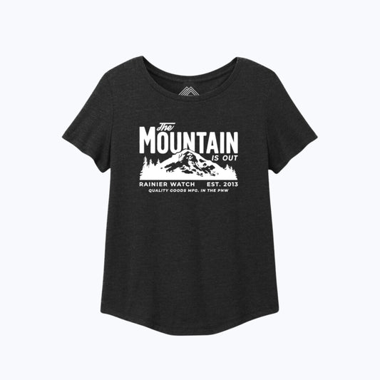 The Mountain Is Out Womens Eco Tee - Heather Black - Relaxed, Scoop Neck